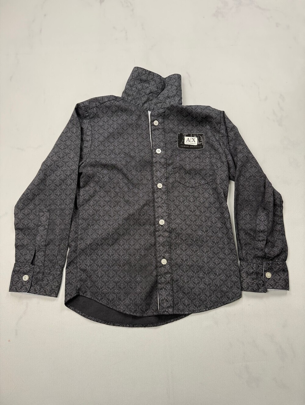 Armani Exchange Printed Button-Up Shirt Black Modern Edgy Slim Fit - Boys 8
